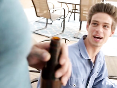 Twink drinks beer before doing blowjob to gay boyfriend and enjoying gay anal fuck